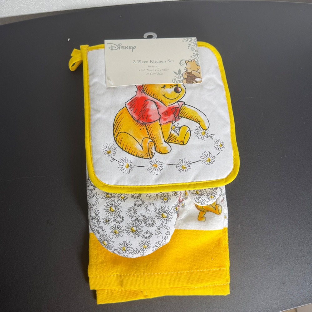 Disney Winnie the Pooh Kitchen Set OS Yellow Floral Towel Mitt Pot Holder NEW
